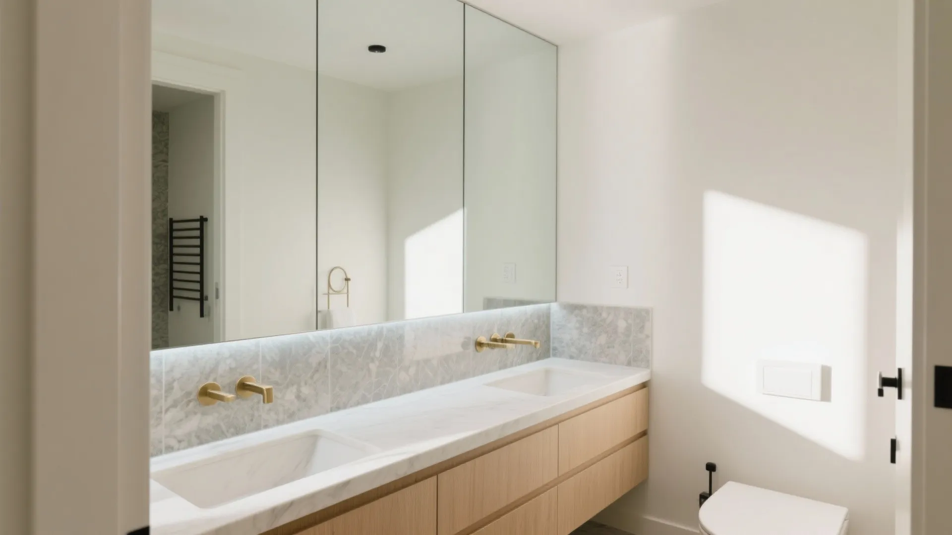 Modern bathroom with double sink vanity large mirror gold faucets marble tiles and wood cabinets