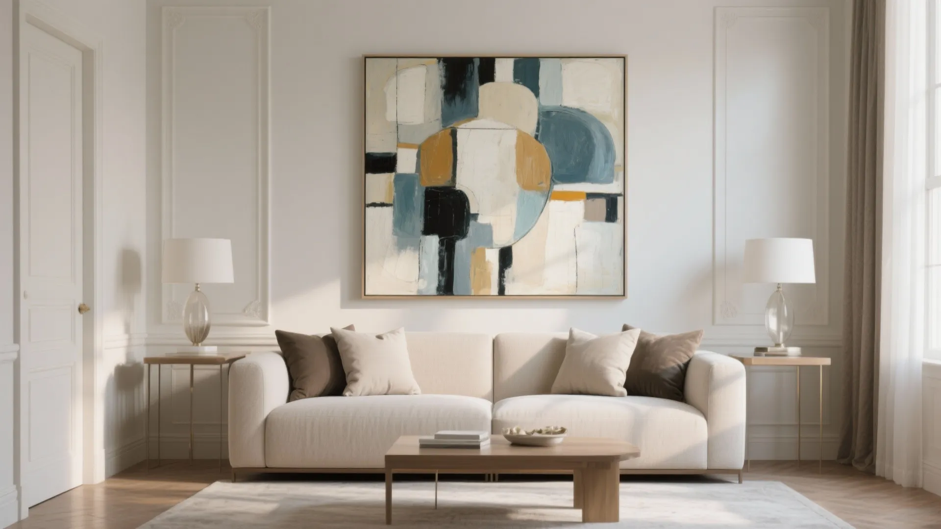 Modern living room with large abstract painting over white sofa two side tables and wall light