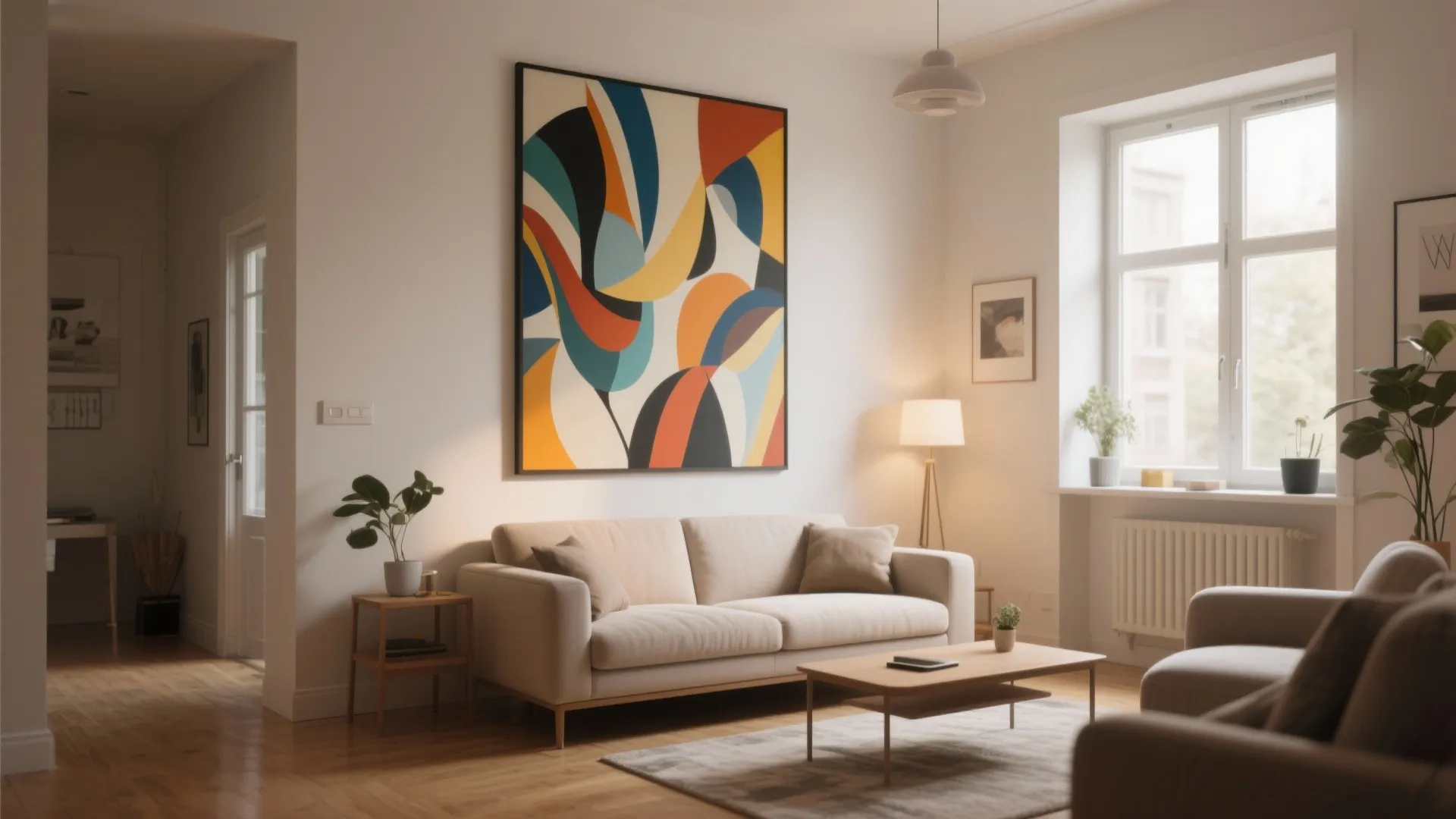 Modern living room featuring large colorful abstract wall art above a beige sofa and table