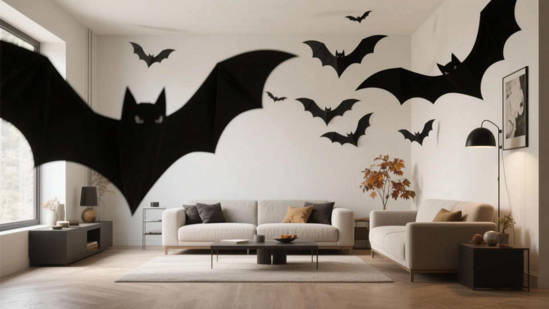 Modern white living room with beige sofa and many black paper bats on the white wall