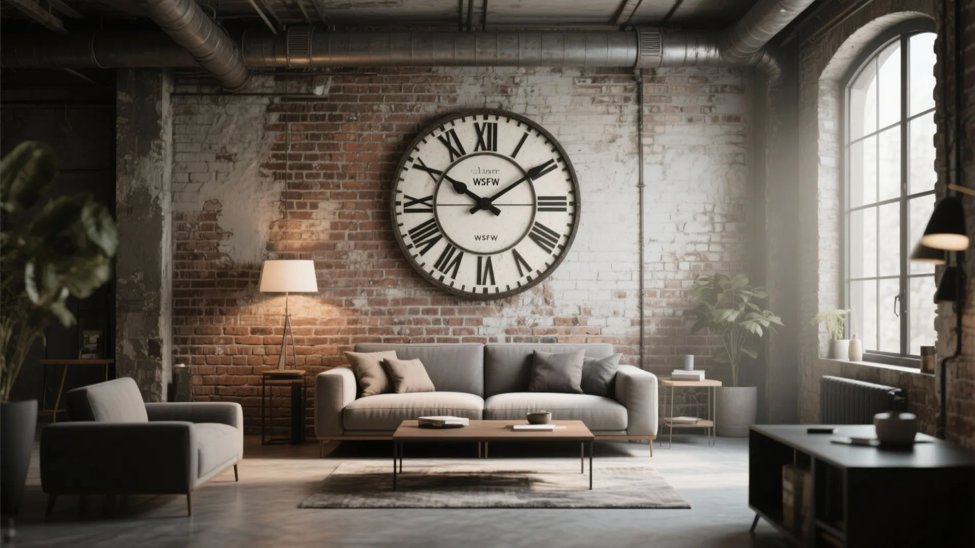 Industrial oversized wall clock in a loft living room