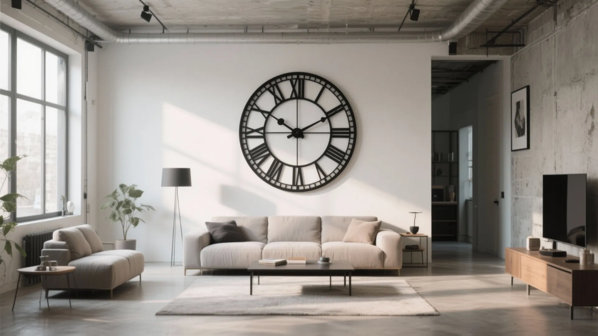 Oversized black iron wall clock in modern loft living room