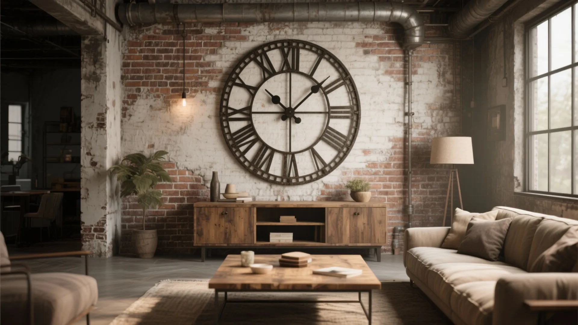 Living room with a large wrought iron wall clock