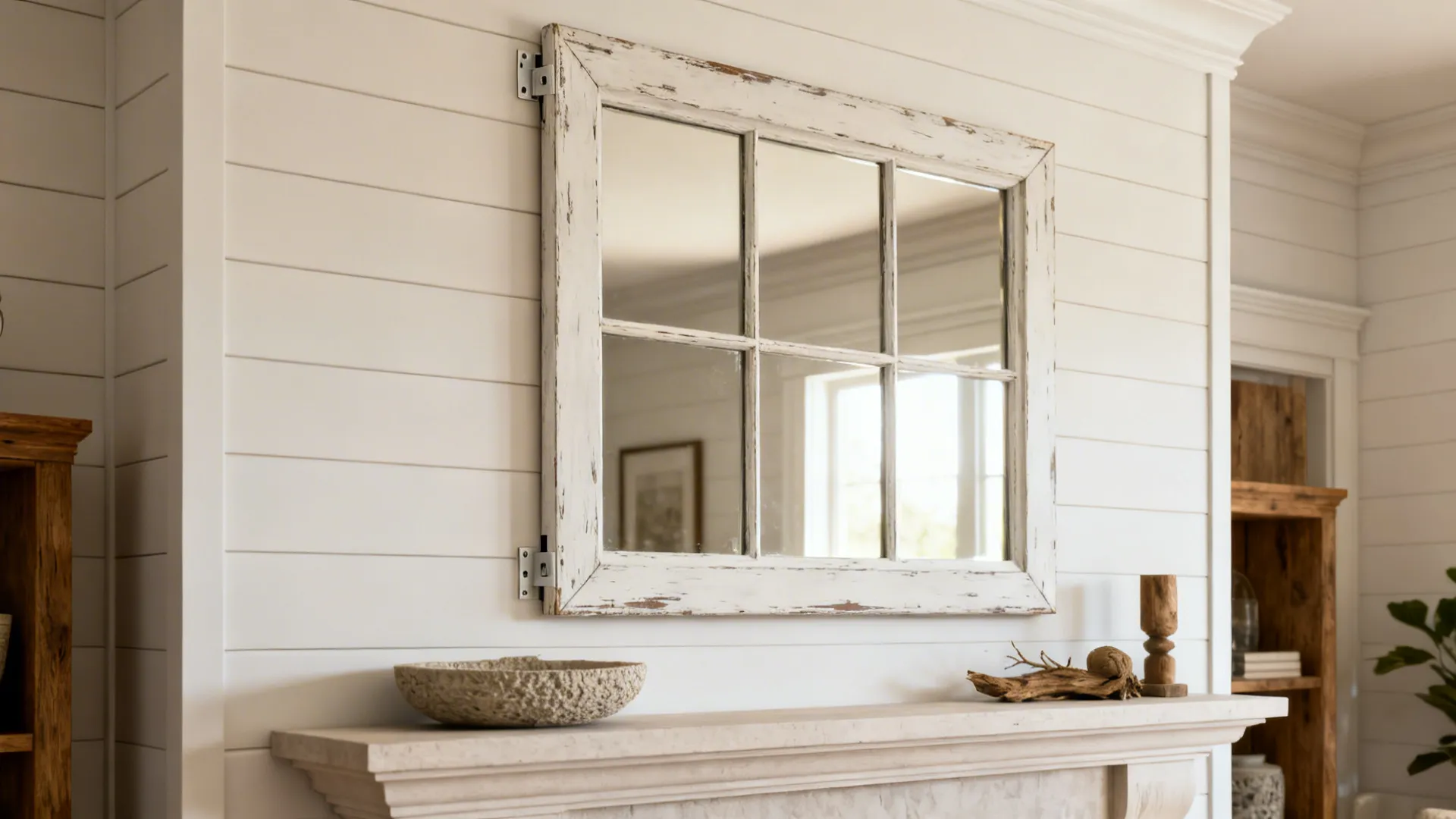 Distressed oversized vintage window frame mounted above a mantel with shiplap backing