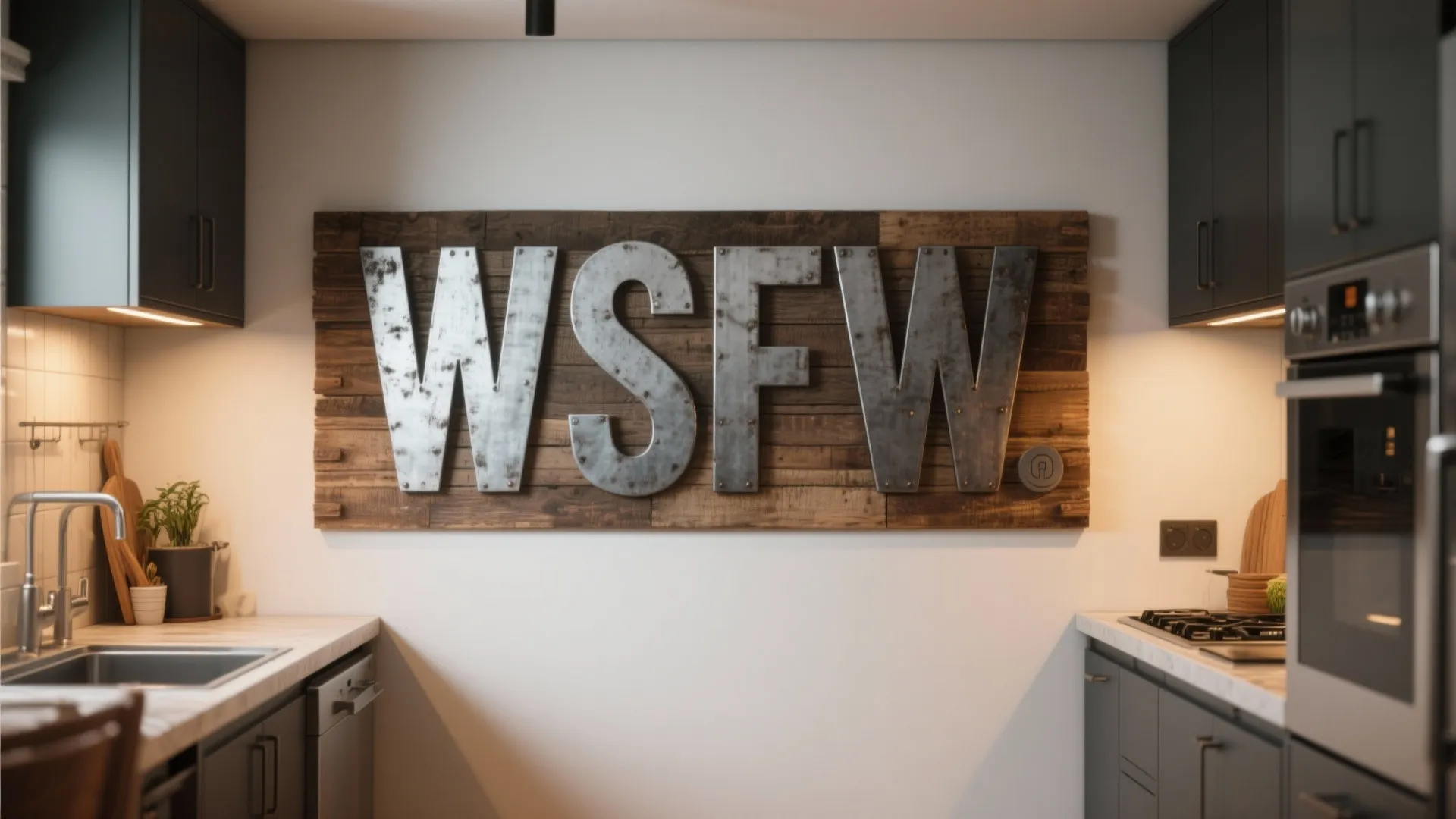 Large wooden wall decor with metal letters in modern kitchen featuring dark cabinets and silver oven