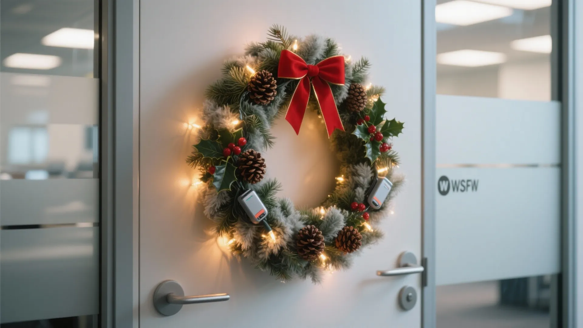 Green Christmas wreath with pine cones and red bow hanging on a white office door.