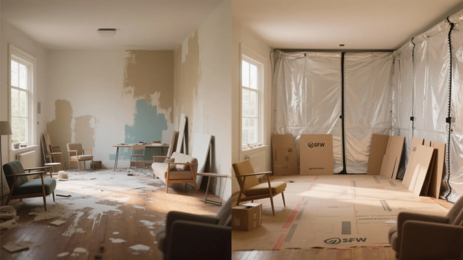 Before-and-after view of an open-plan room protected by zip-up plastic walls and cardboard shields.