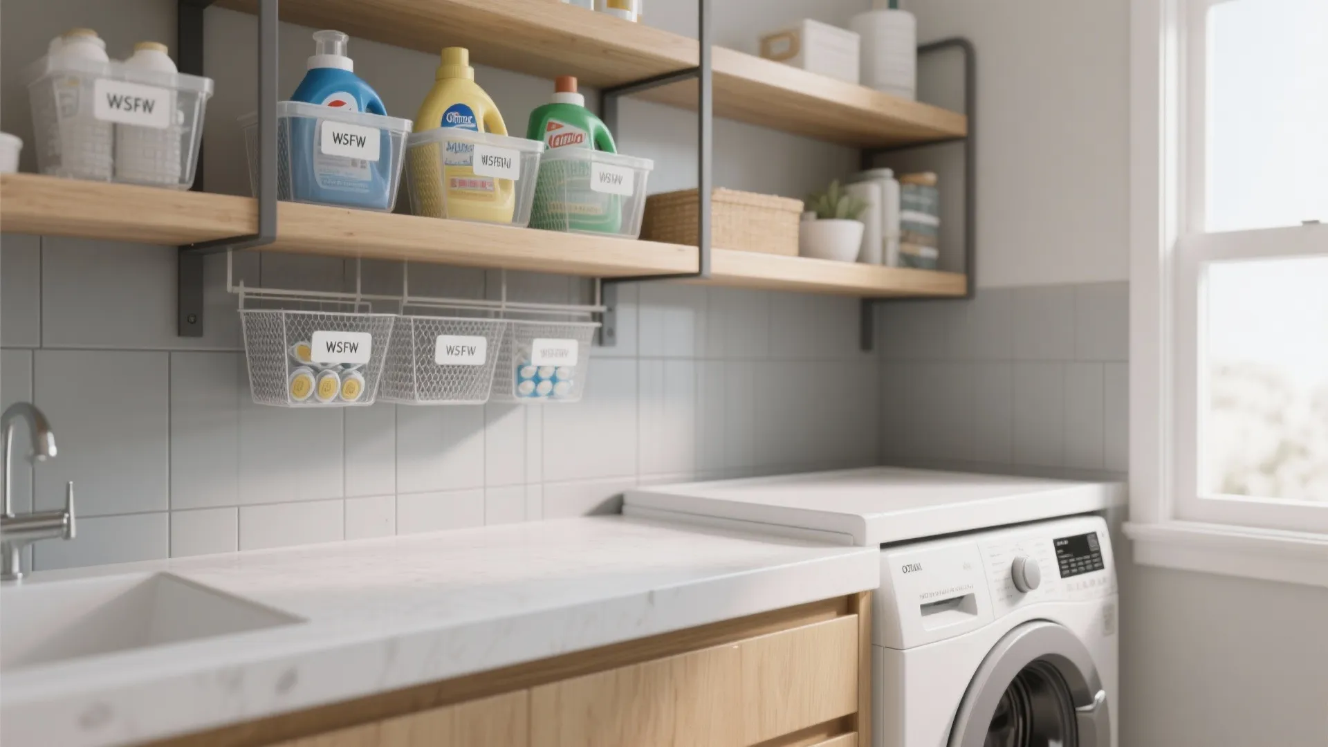 Laundry room with wooden shelves above a washing machine holding cleaning supplies in white plastic baskets