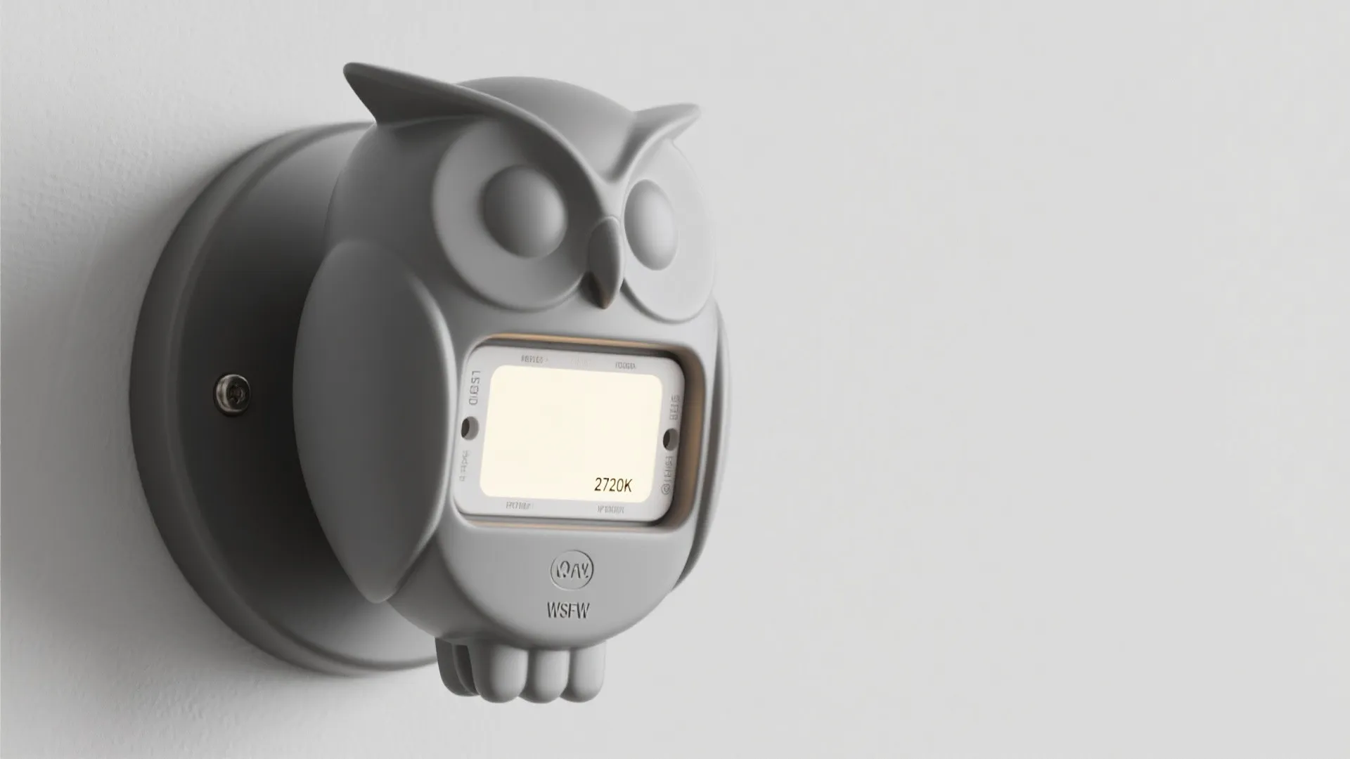 Close-up of an owl wall sconce showing warm LED and IP rating marking for outdoor use.