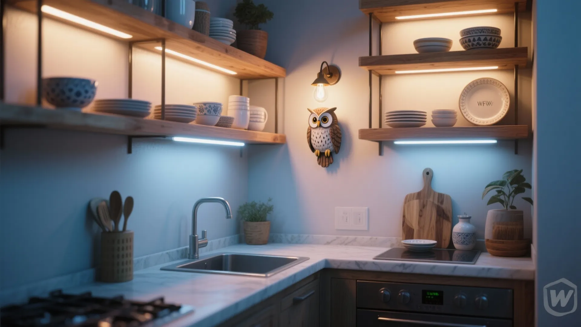 Small kitchenette with an owl wall sconce above open shelving and under-cabinet task lights.