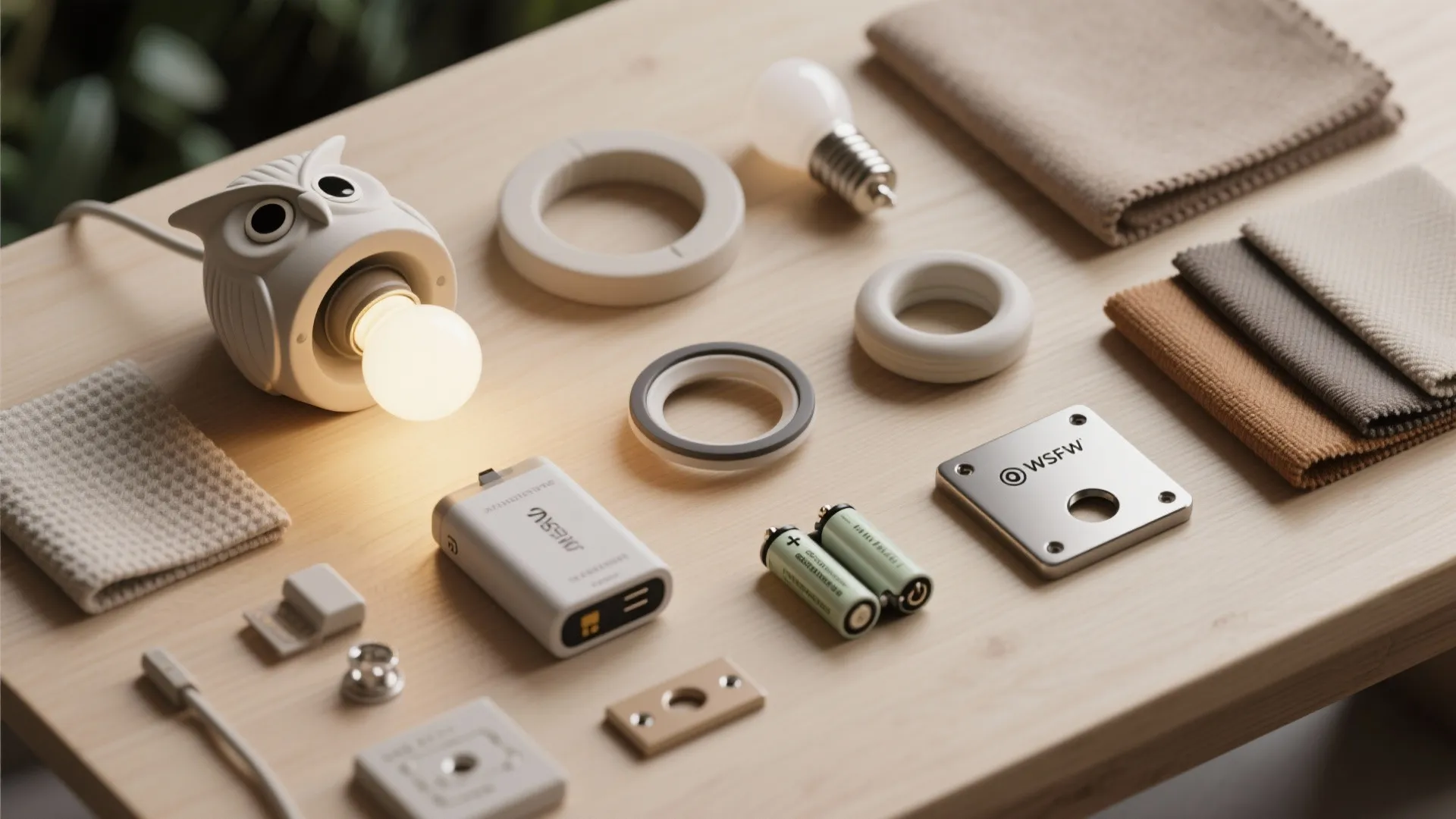 Flatlay of LED modules, battery packs and finish samples for owl wall lights.