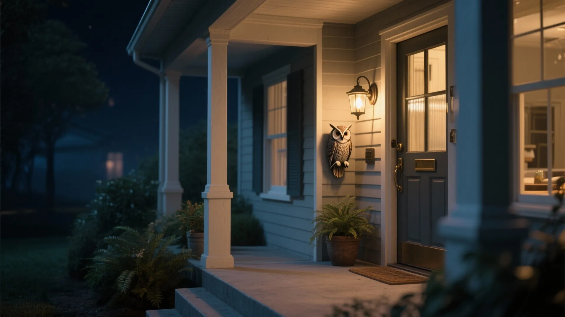 Covered porch with a weather-rated owl wall sconce illuminating a narrow entryway.