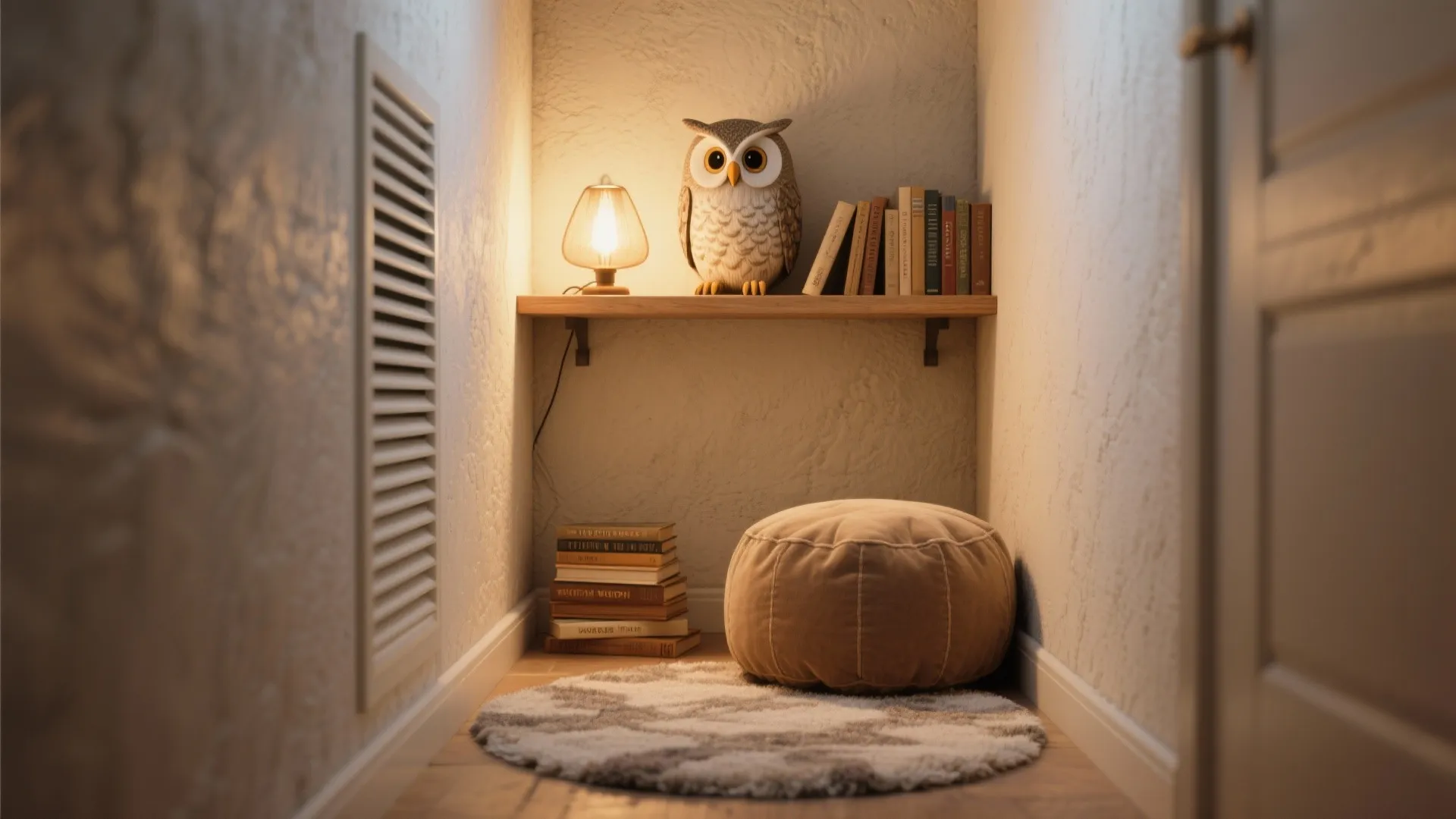 Narrow cozy reading nook with an owl wall light, book ledge, pouf and rug.