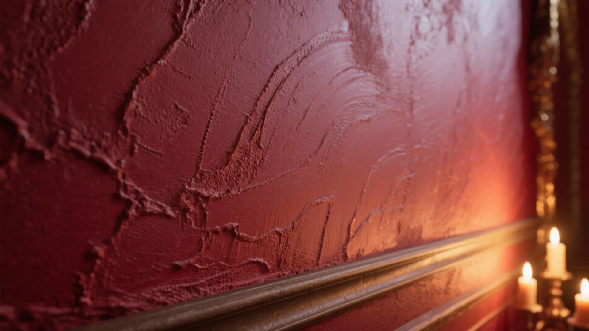 Detailed close up of textured red wall with thick plaster strokes wood trim and lights