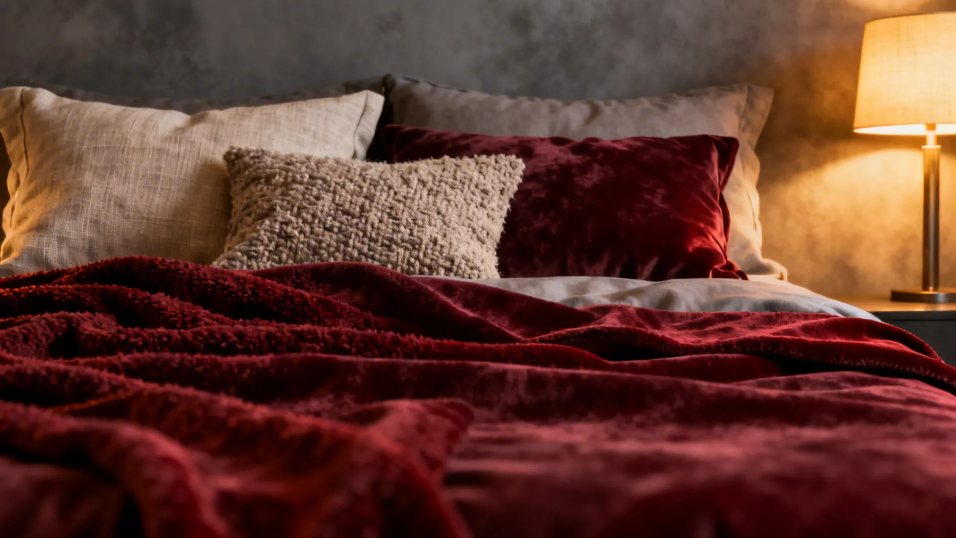 Close-up of oxblood duvet, textured red throw and neutral pillows on a grey bed.