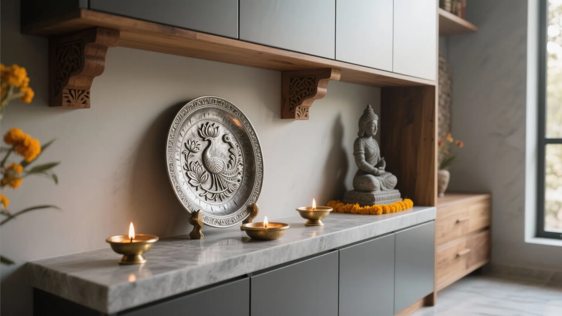 Modern cabinet with silver plate statue oil lamps and orange flowers on a marble top