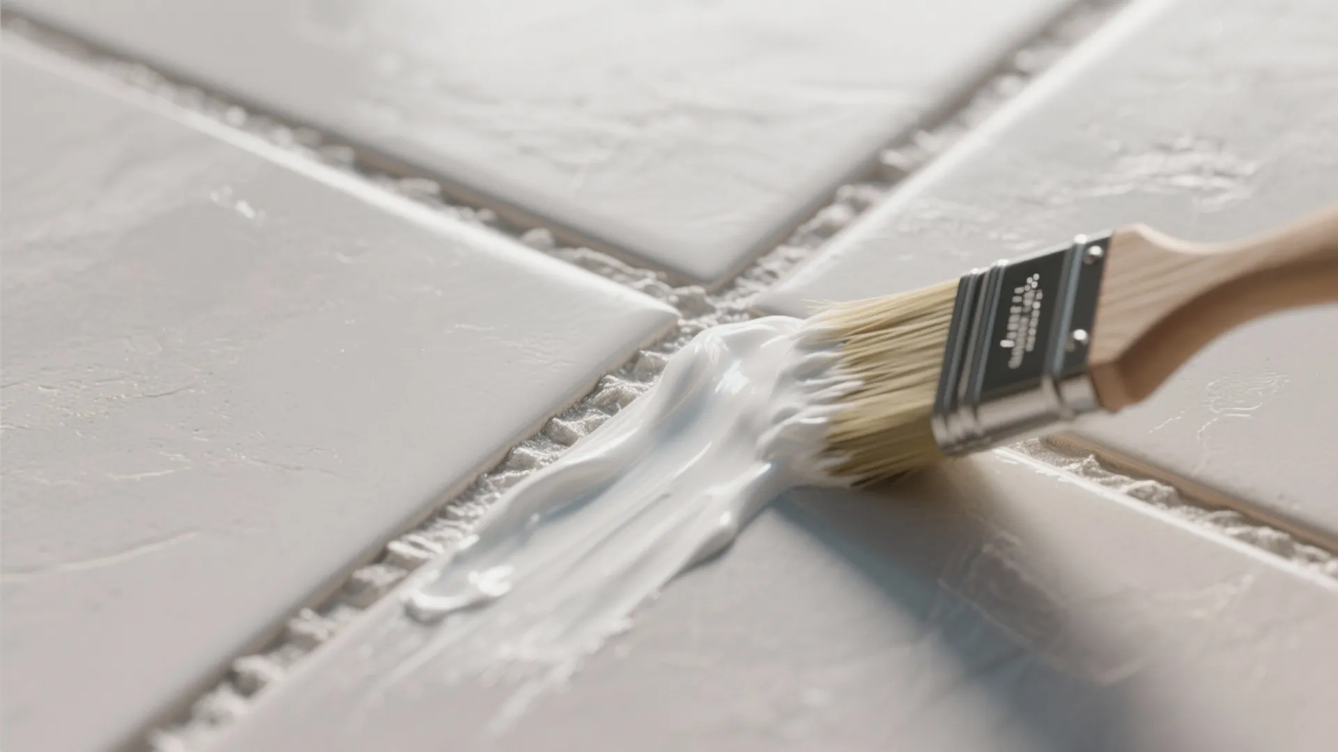 Macro of grout lines with oxygen bleach paste and nylon brush brightening ceramic tile grout.