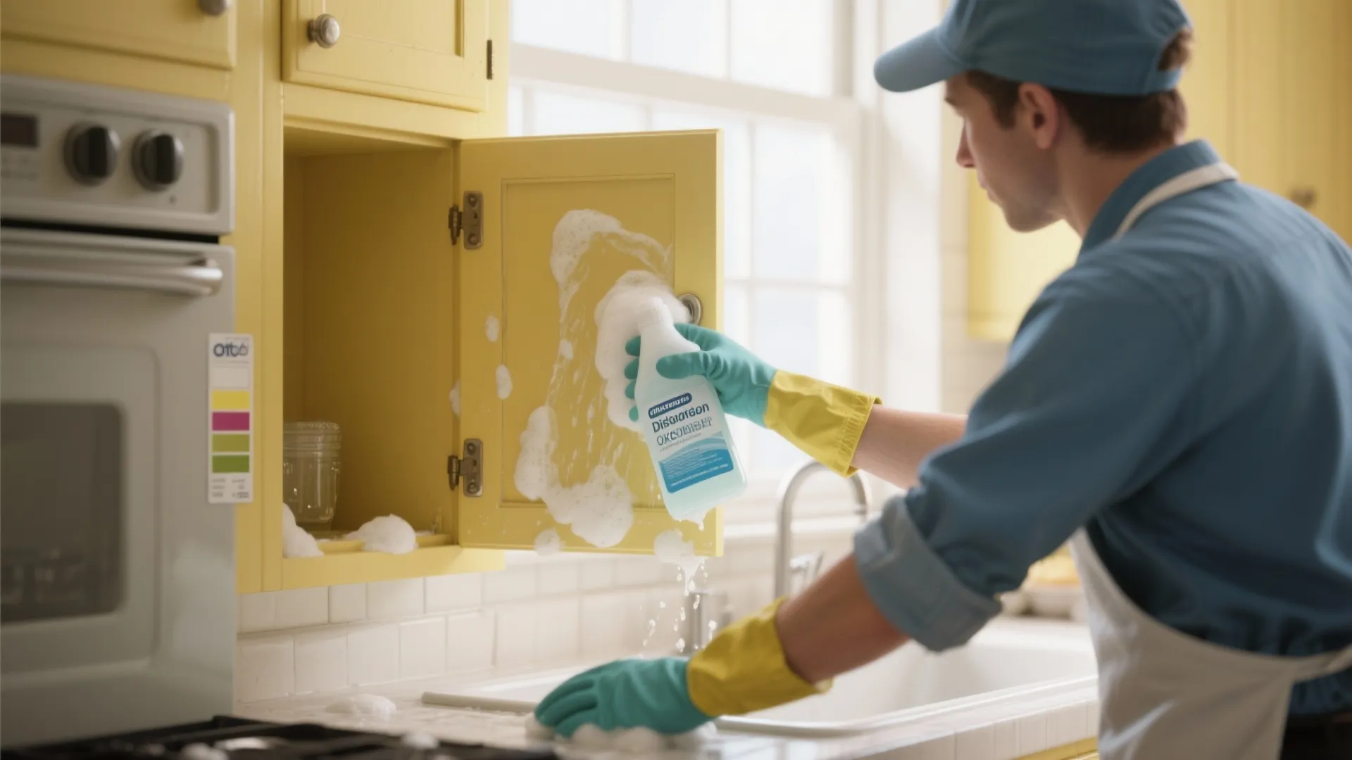 Man wearing gloves uses foam cleaner on yellow kitchen cabinets near a white tile sink