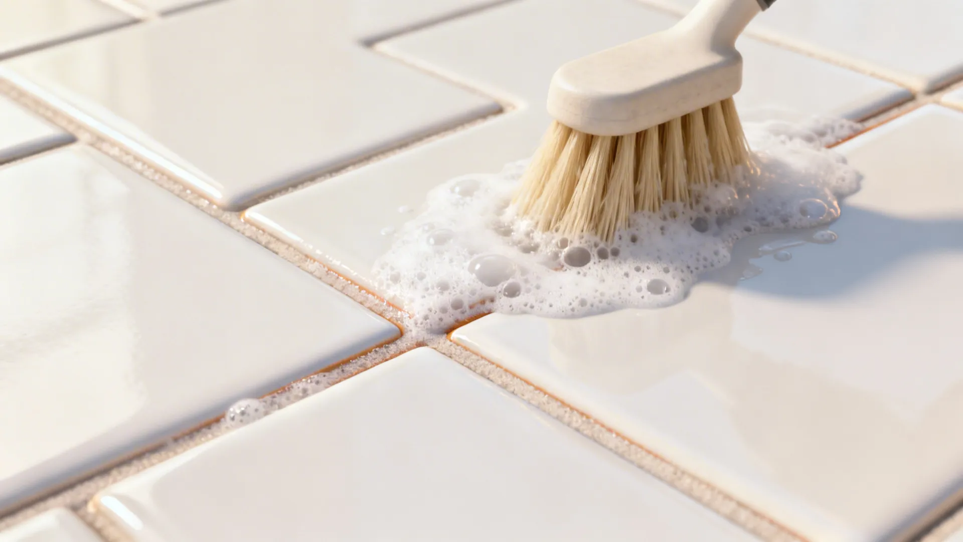Macro of oxygen cleaner gently foaming on grout as a soft brush agitates.