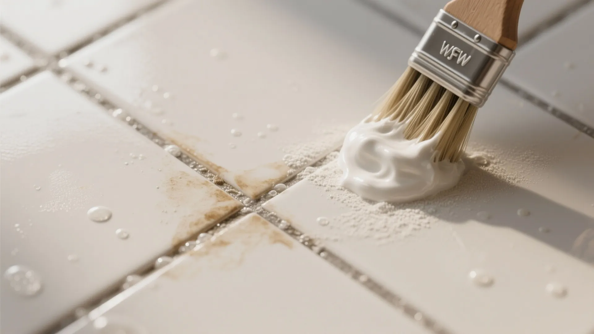 Applying white cleaning paste to floor tile grout lines with a small wooden hand brush
