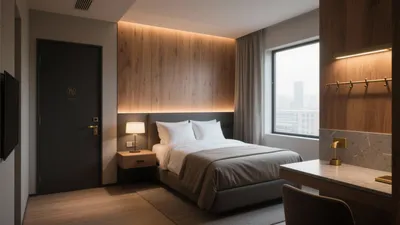 Modern Hotel Bedroom with Wood Accent Wall & Ambient Lighting