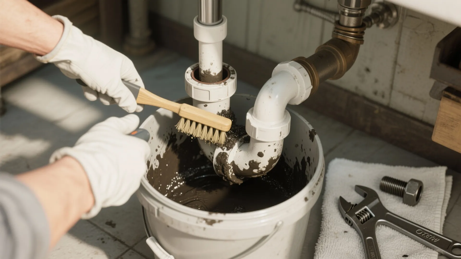 Person wearing white gloves cleaning a dirty sink pipe with a brush over a bucket
