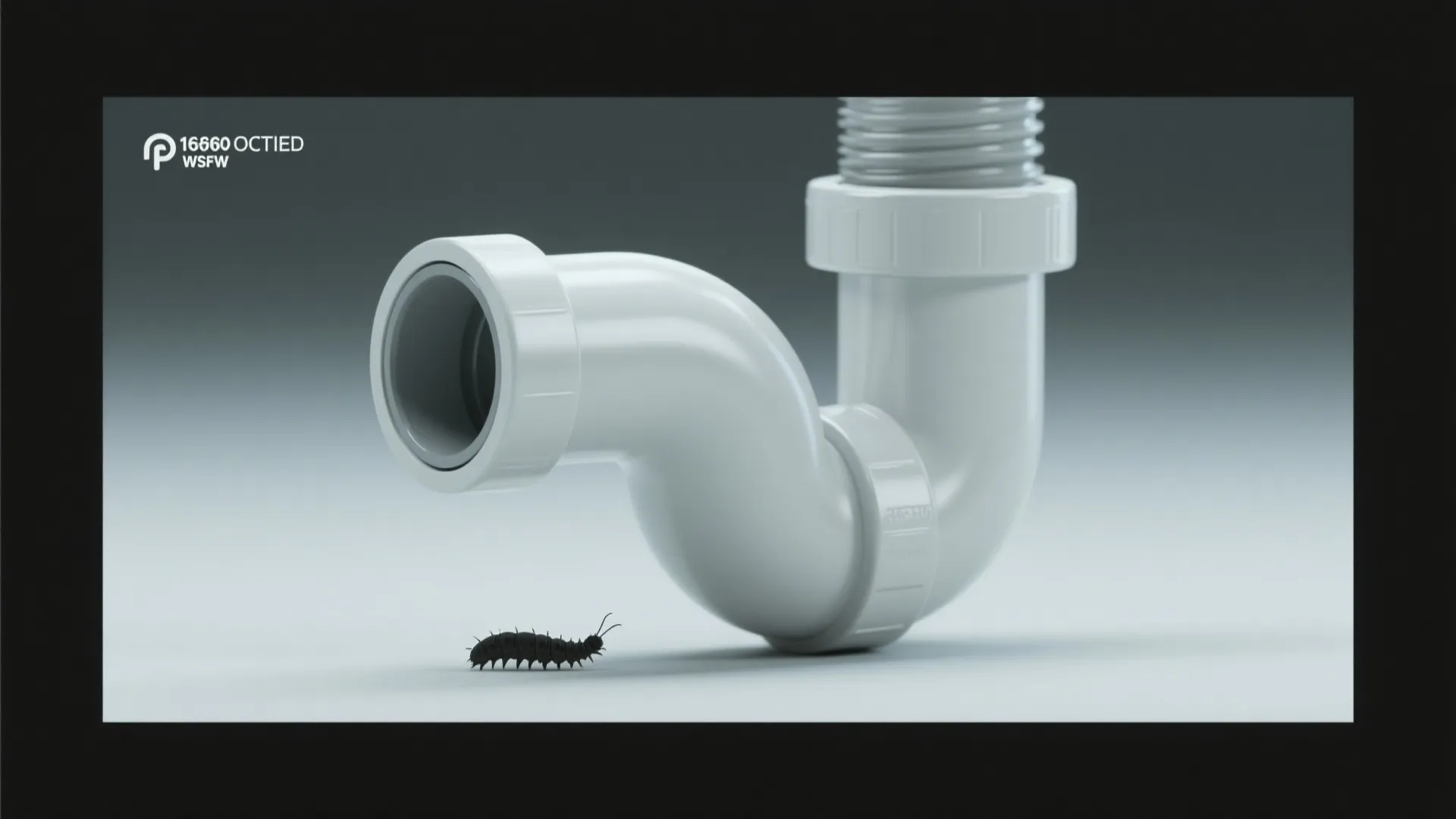 Close-up of a removable p-trap and an illustrative larva silhouette for educational FAQ