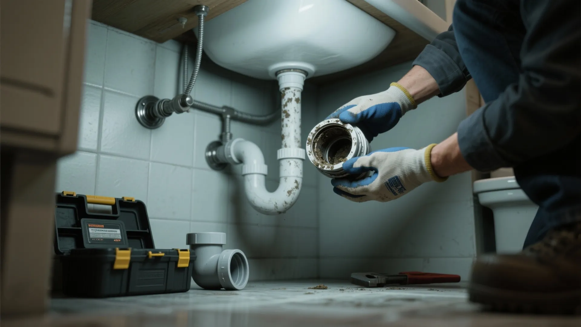 Plumber wearing gloves holding a dirty pipe part while inspecting a white bathroom sink connection