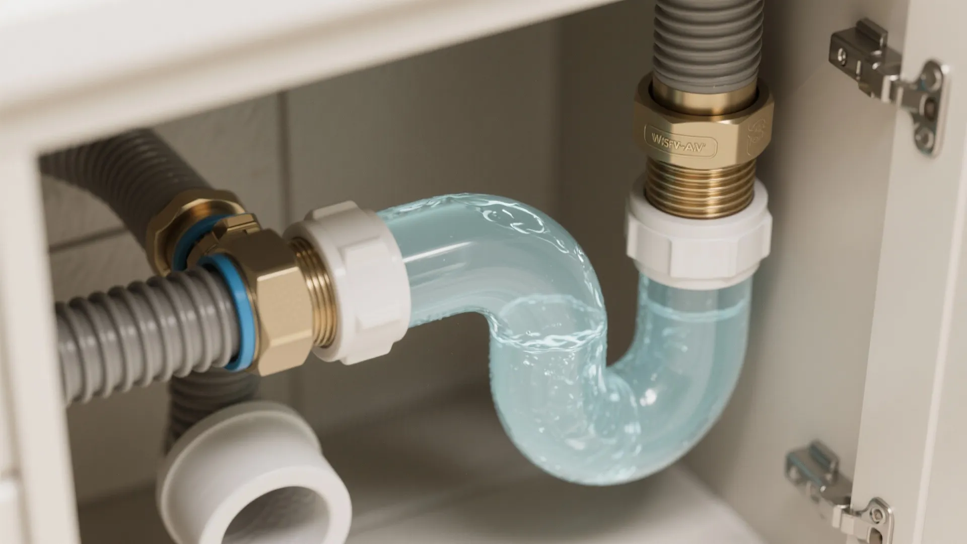 Under sink cabinet showing water flowing through a clear plastic pipe with gold metal connectors