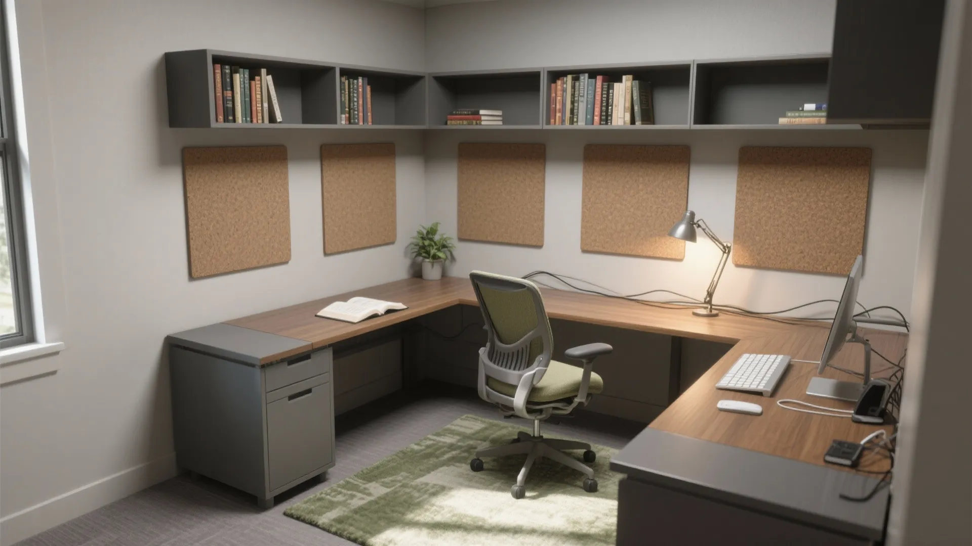 Corner home office with wooden desk, green chair, wall shelves, books, and five cork boards