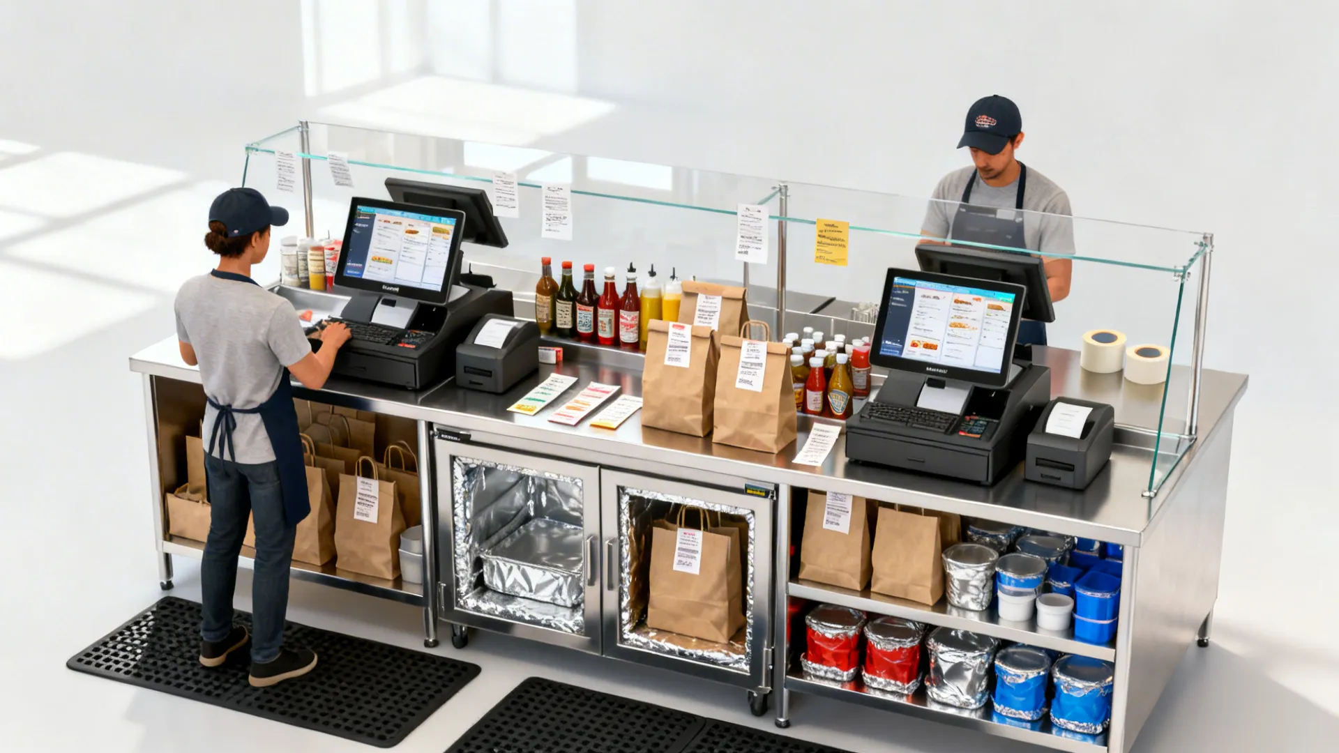 Dual-screen pack-out station with hot and cold bag shelves, printers close by, and organized sauces and labels.