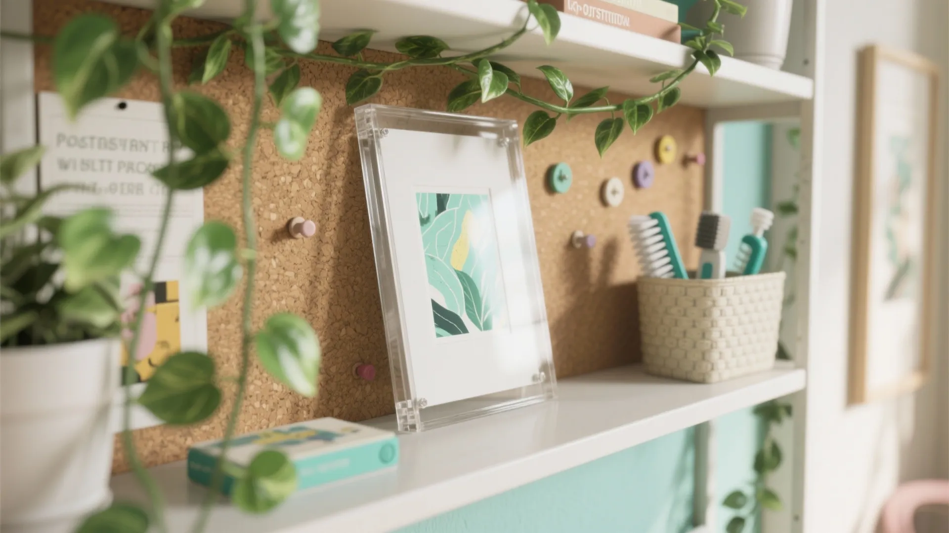 White shelf with a photo frame cork board green plants toothbrushes and various small home decorations