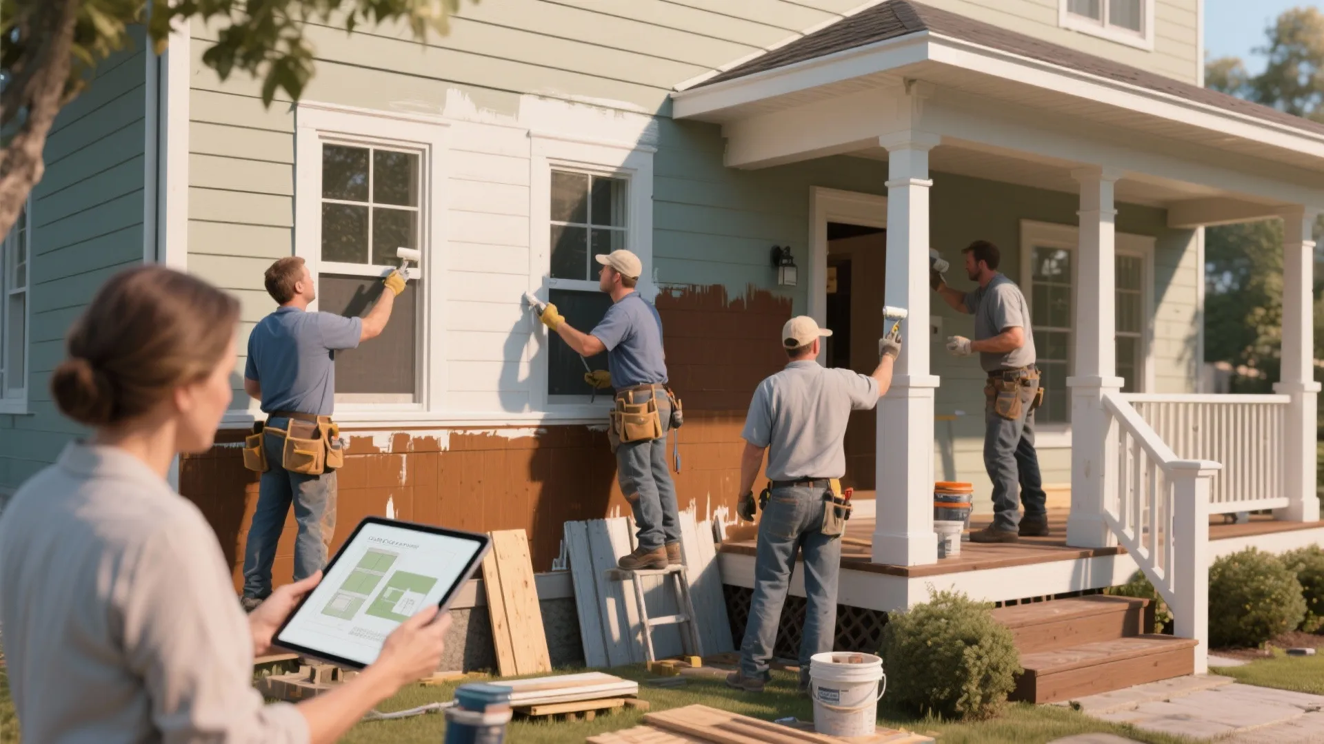 Crew coordinating painting, trim repairs and porch staining while homeowner reviews a tablet mockup.