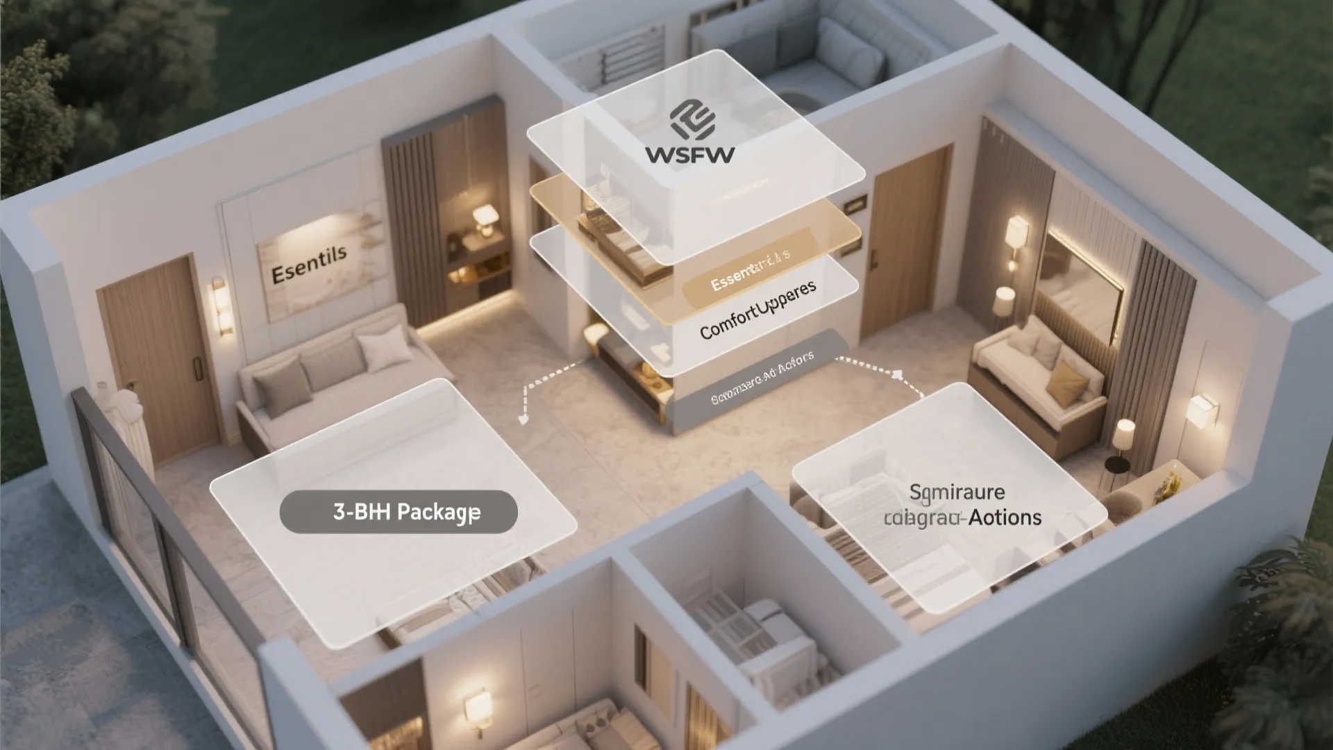 Interior design drawing showing a three bedroom apartment layout with furniture and labeled design package options