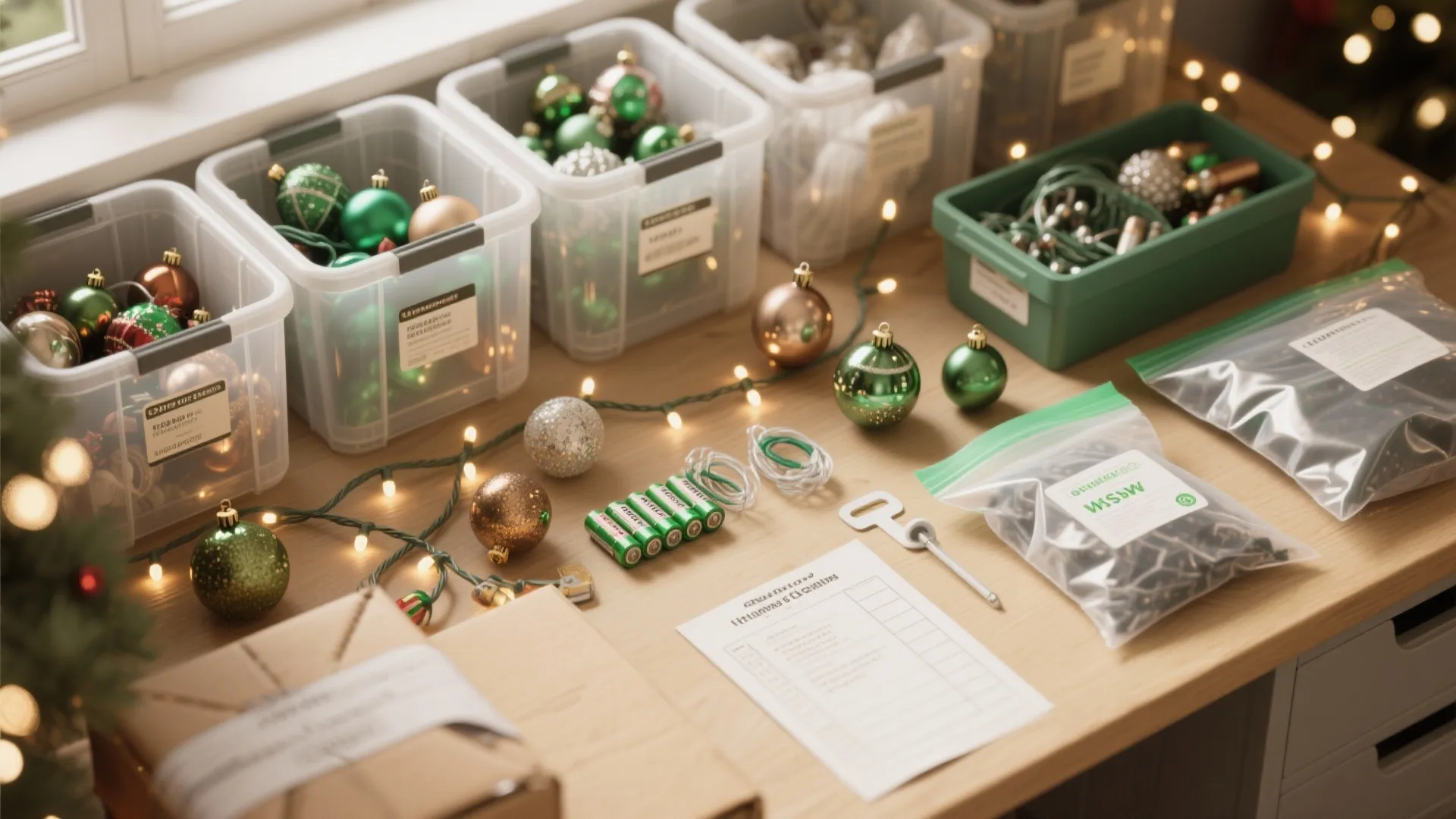Christmas ornaments in clear plastic bins with labels and batteries on a wooden work desk