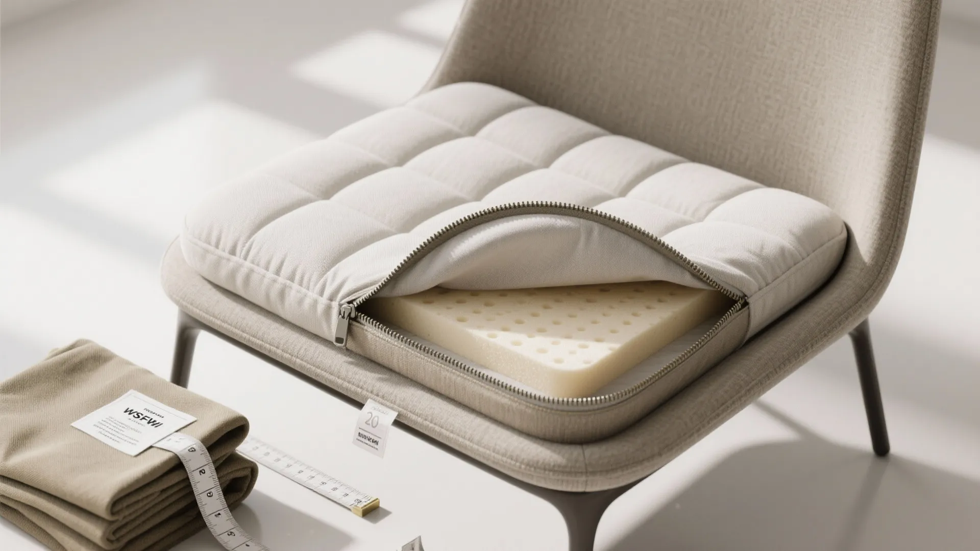 Modern chair showing a white seat cushion with an open zipper revealing thick foam inside