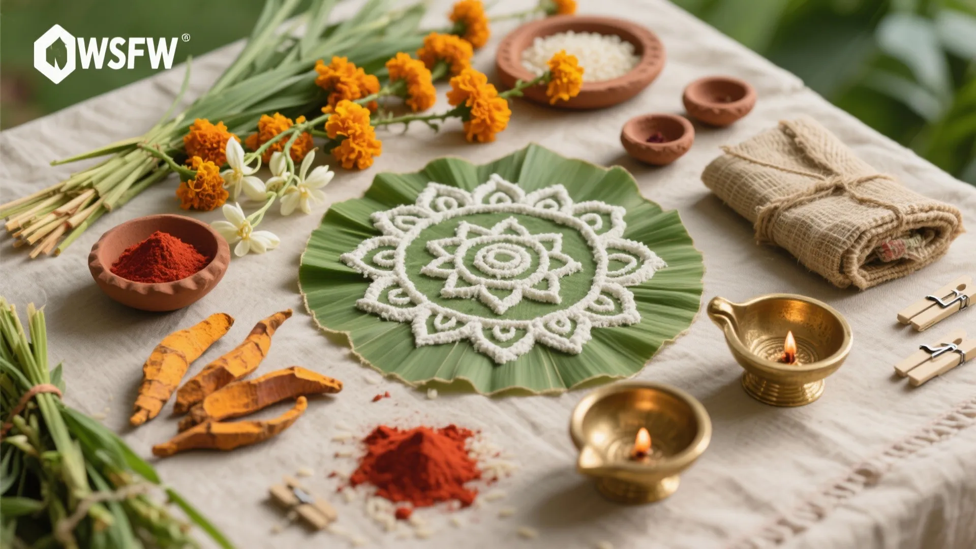 Eco-friendly padi pooja decoration flat lay with marigolds, jasmine, rice-flour rangoli, and reusable clay and brass diyas.