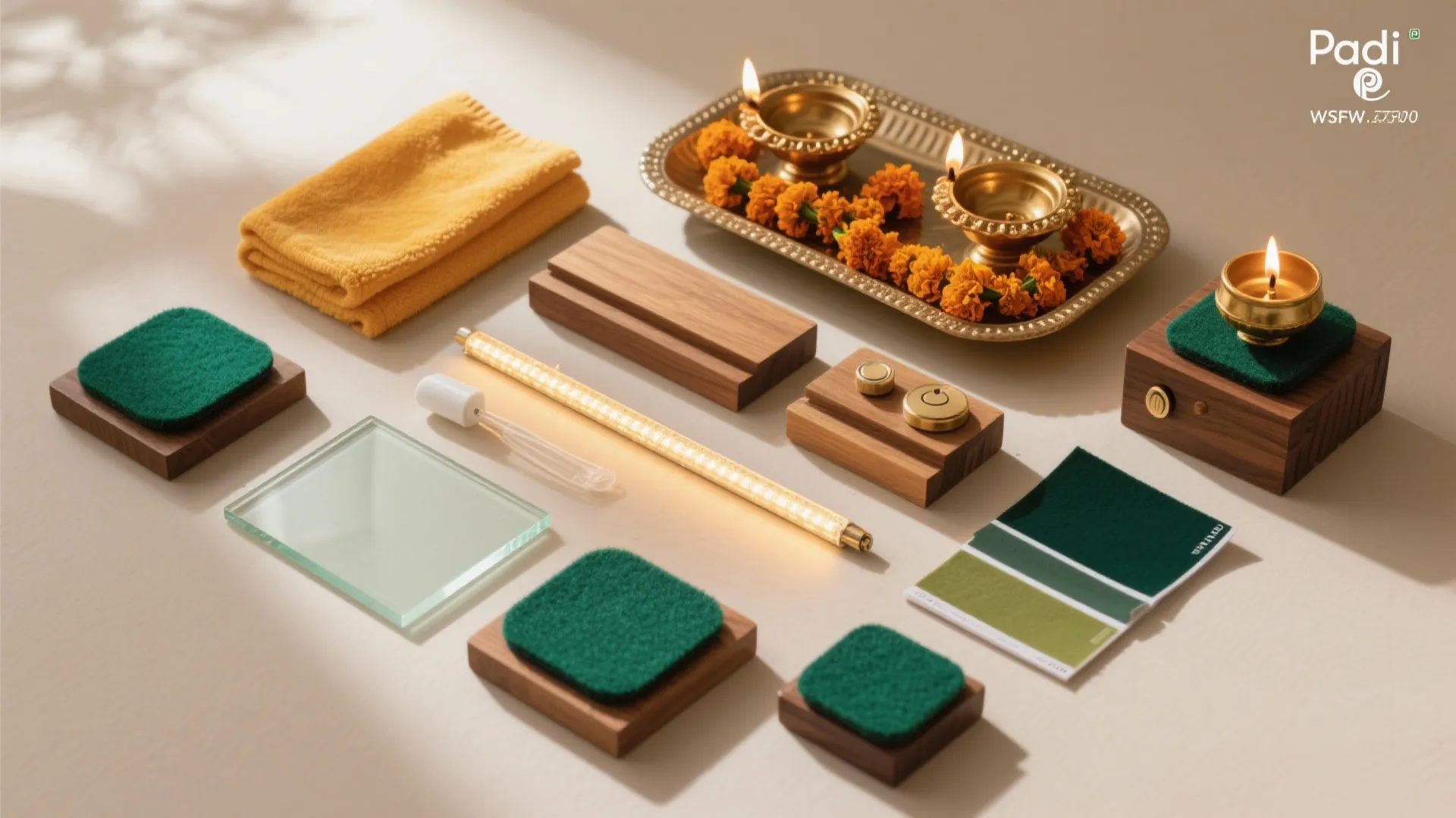 Flat lay of padi pooja decoration essentials: modular risers, warm LED strips, brass diyas, glass cleaner, and floral accents.