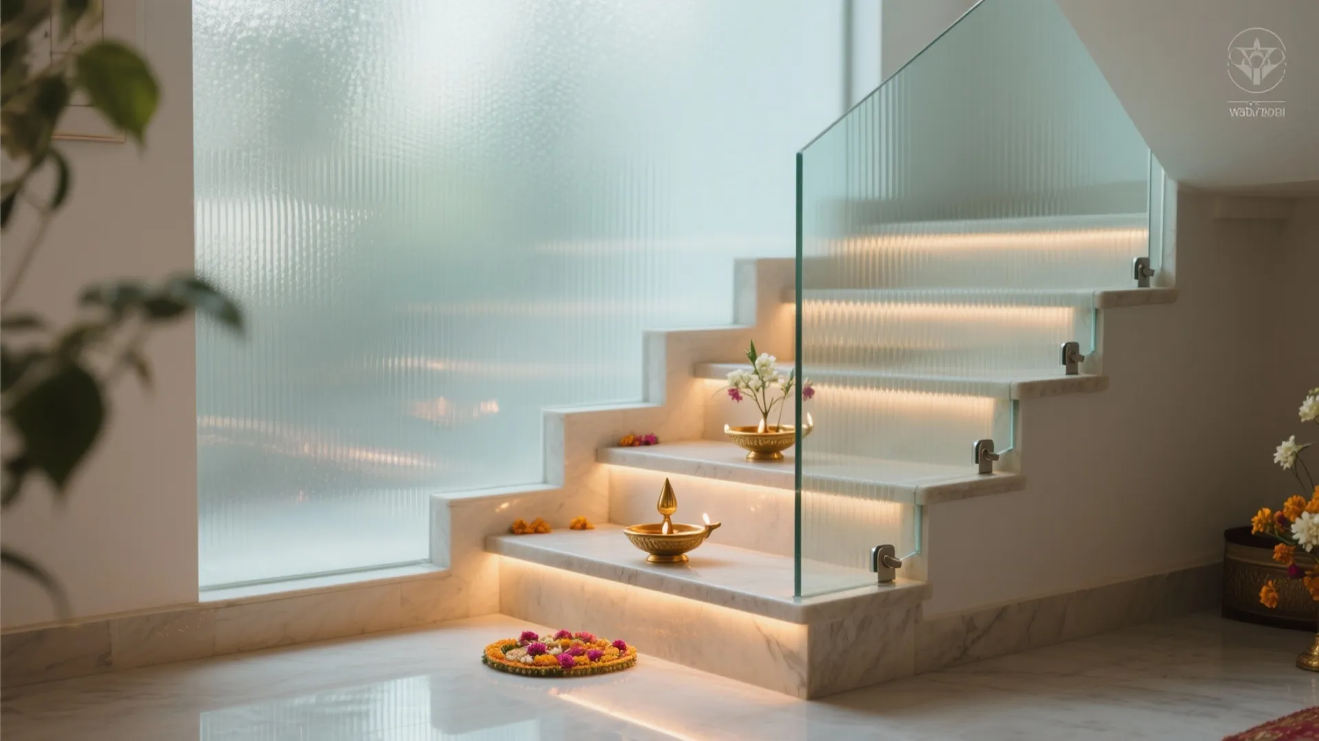 White marble stairs with glass railing and built in lights decorated with small gold lamps