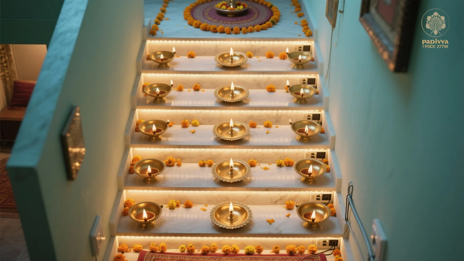 Top-down padi pooja decoration with brass diyas and hidden warm LED strips creating a soft halo on each step.