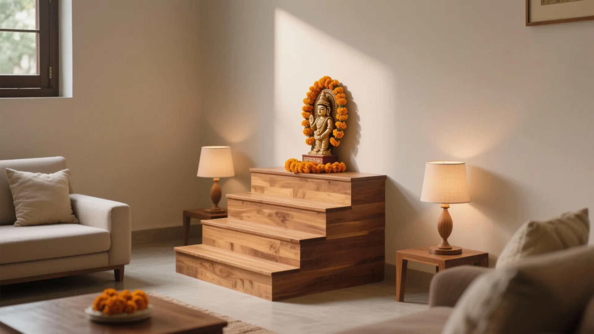 Modern living room with wood steps holding a statue decorated with orange flowers and lamps