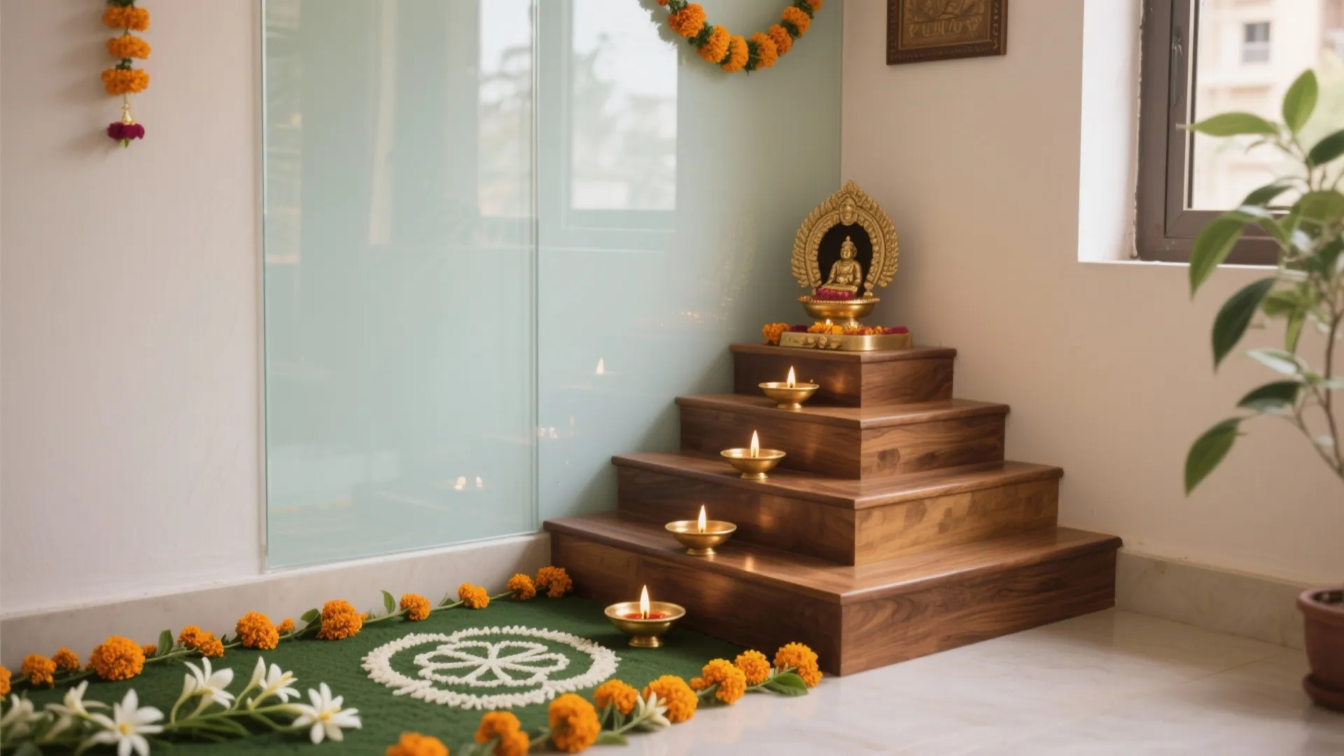 Small wood steps with oil lamps and flower patterns on floor near a glass wall