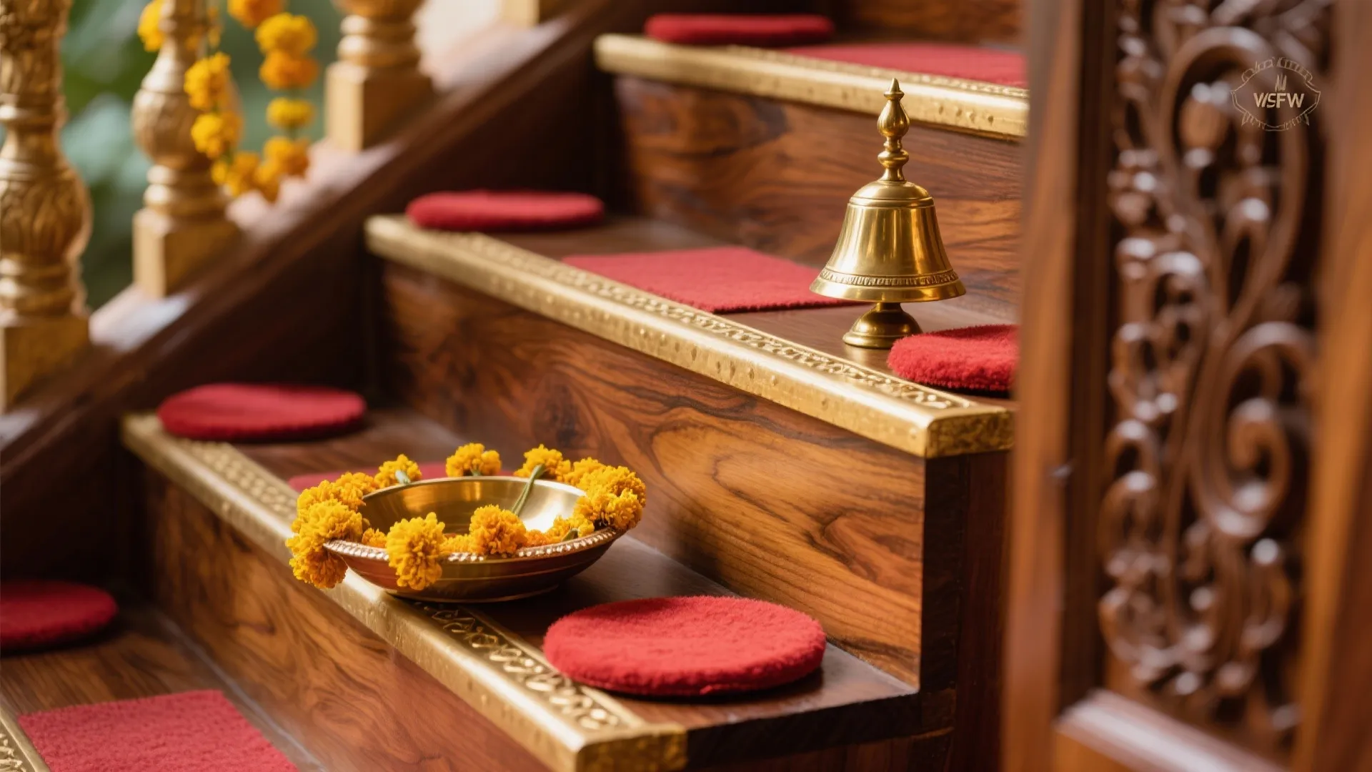 Wooden stairs with red mats, a brass bell, and bowl of yellow flowers on steps