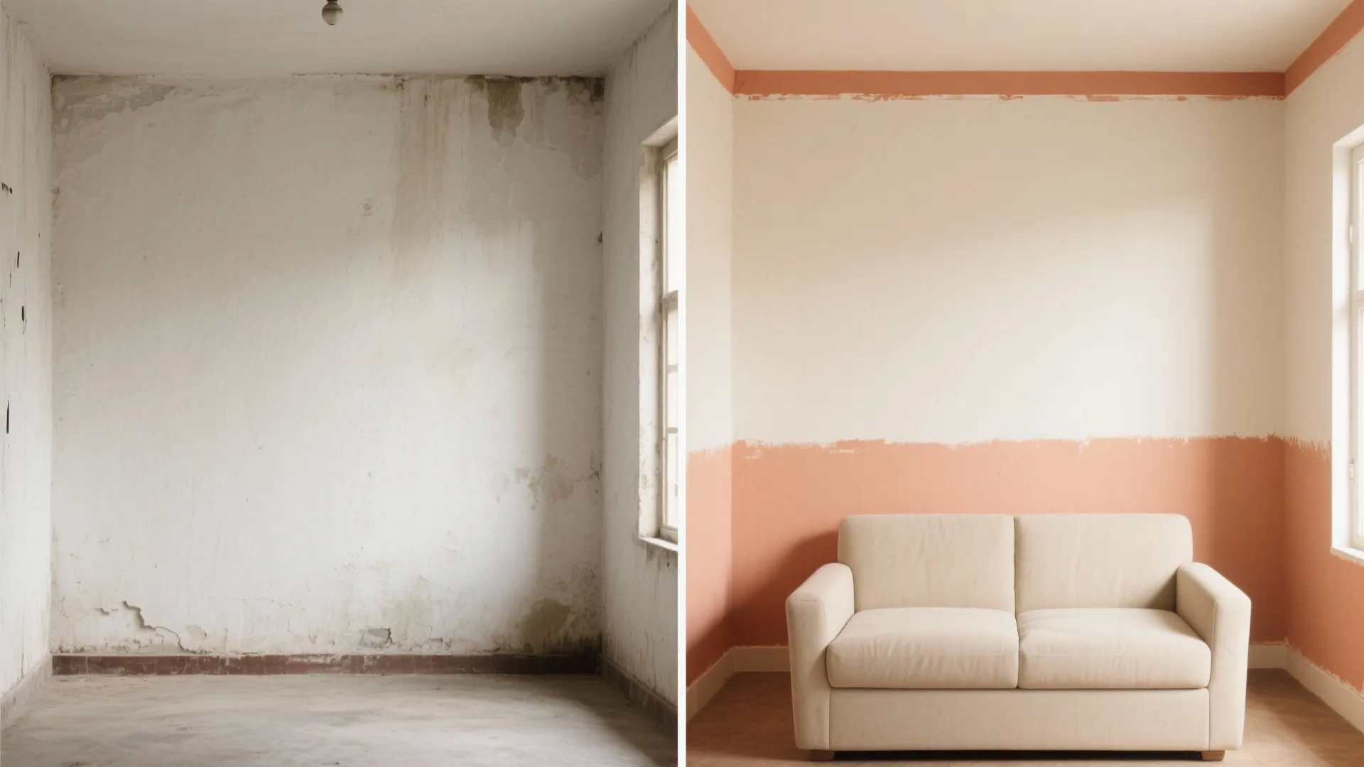 Before-and-after wall paint showing off-white with a terracotta band to lift the ceiling in a small living room