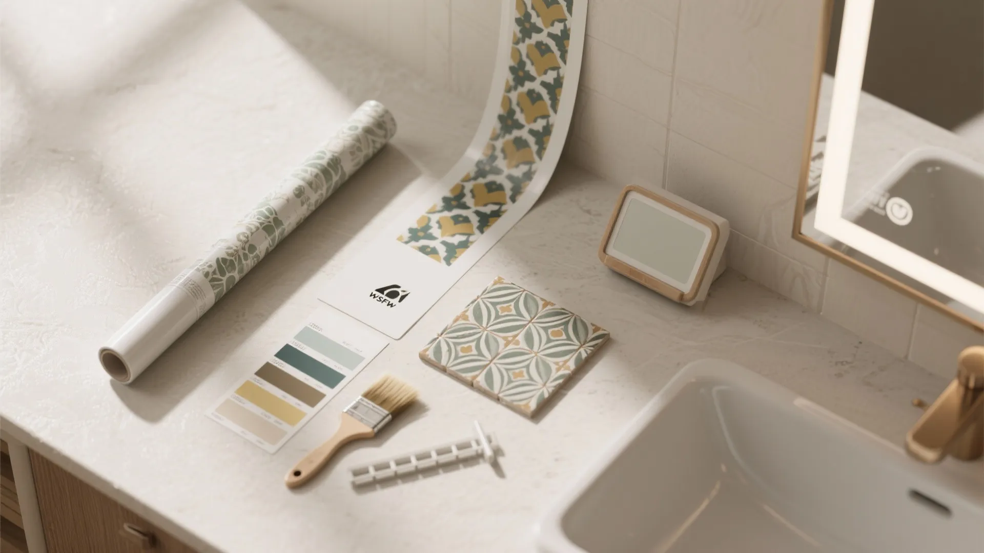 5. Moisture-resistant paint with an accent of waterproof wallpaper or tile