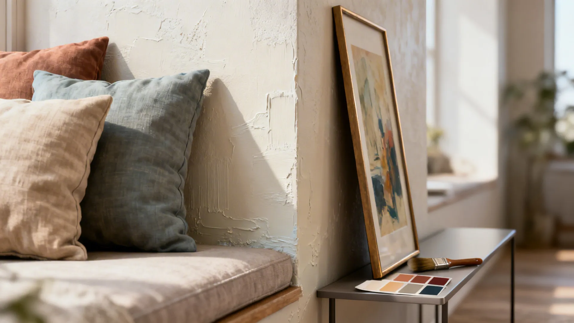 Pillows on bench by textured wall with framed art paint brush and colorful paper swatches