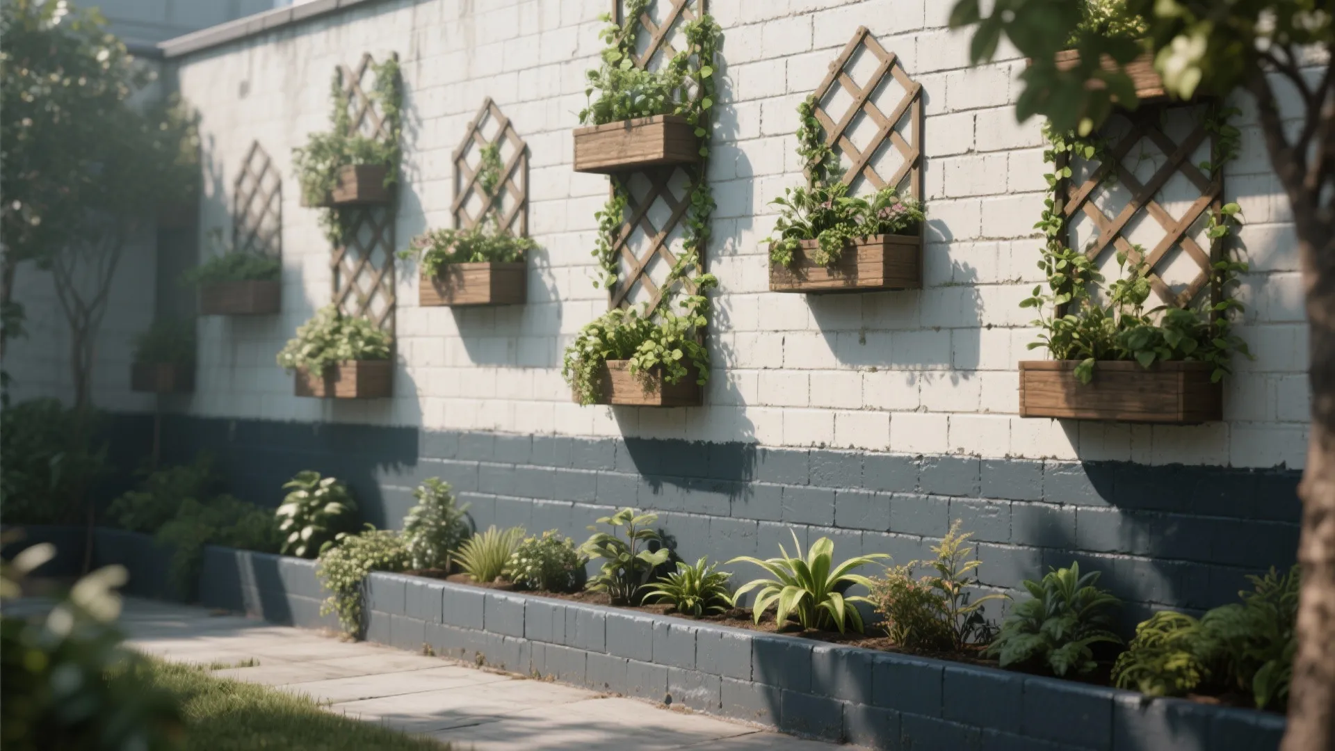 Outdoor white brick wall with wooden hanging planter boxes containing green leaves and garden floor plants
