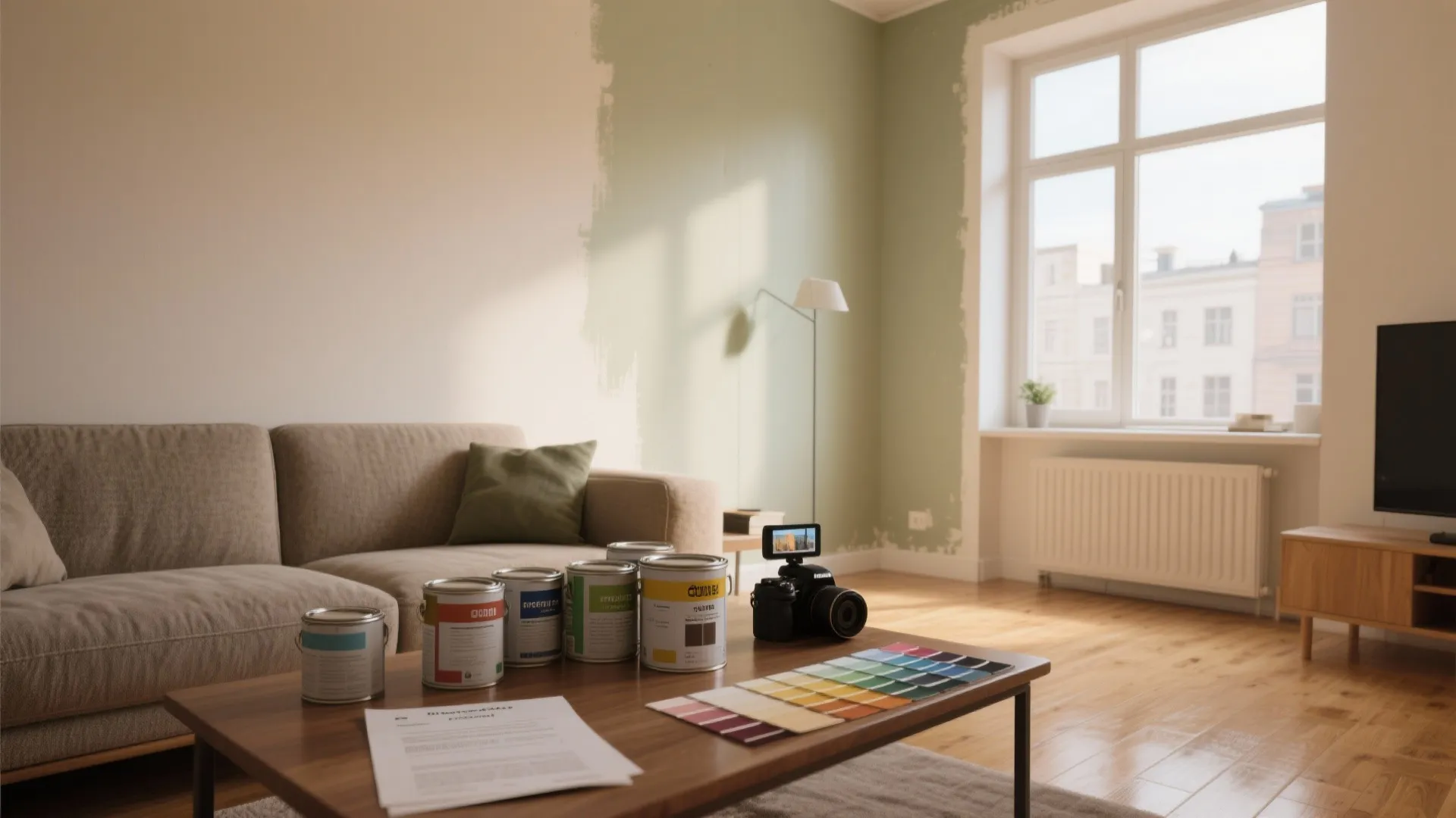 Living room with paint cans and color samples on table before starting a new wall project