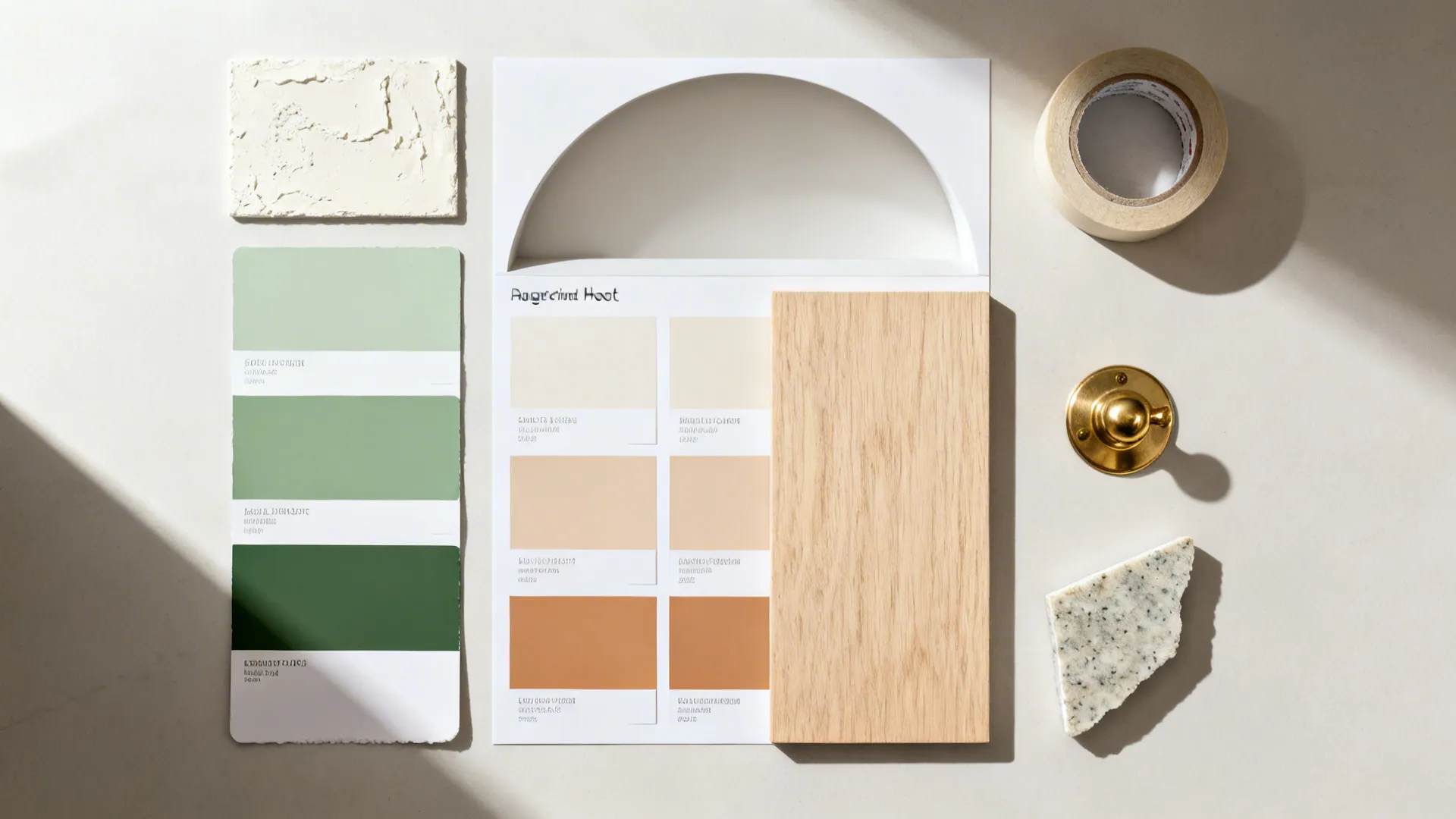 Flat lay of muted green and neutral paint swatches with plaster, oak, quartz, and brass hardware.