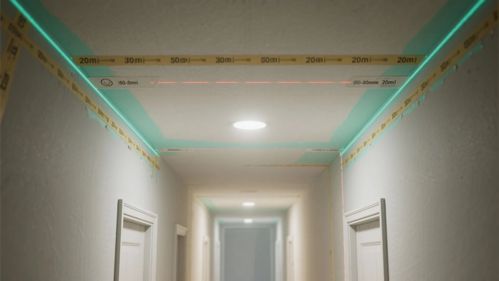 Long hallway with yellow measuring tape and green light guides used for accurate wall painting